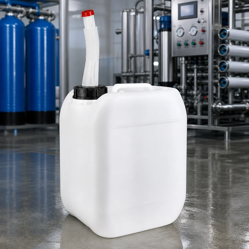 Jerrycan 5 liter met aftapkraan flex Chemicaliënkanister van 5 liter met zwarte schroefdop en buigzame doseerbuis in een industriële hal