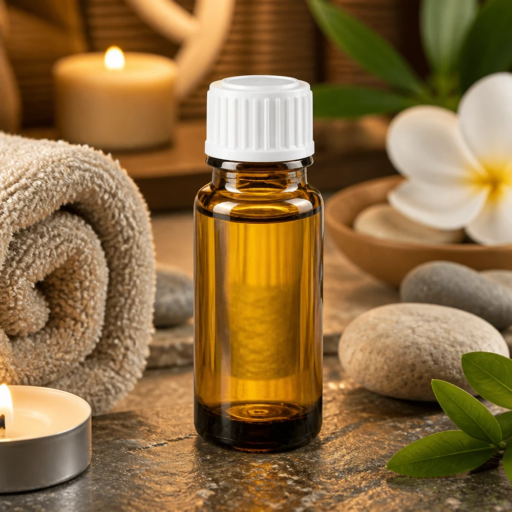 Bruine glazen fles 10ml met wit schroefsluiting St Cilindrische apothekersfles van 10 ml, bruin glas met witte dop, in een aromatherapie-omgeving