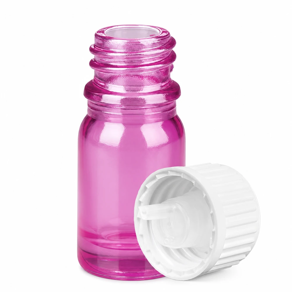 Violet glazen flesje 5ml met kindveilige witte dop voor apotheek- en laboratoriumgebruik