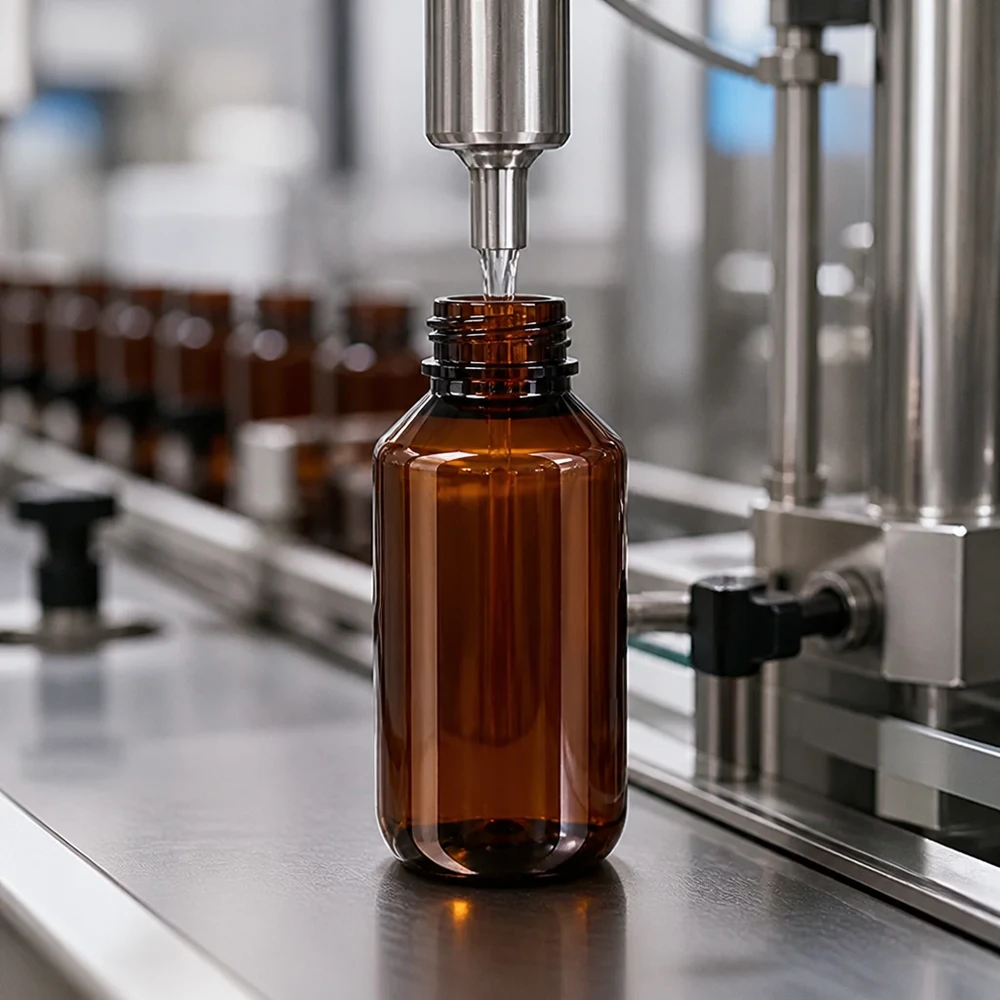 Lichtbestendige kunststof fles van 100 ml met OV-sluiting, geproduceerd via een industrieel afvulproces