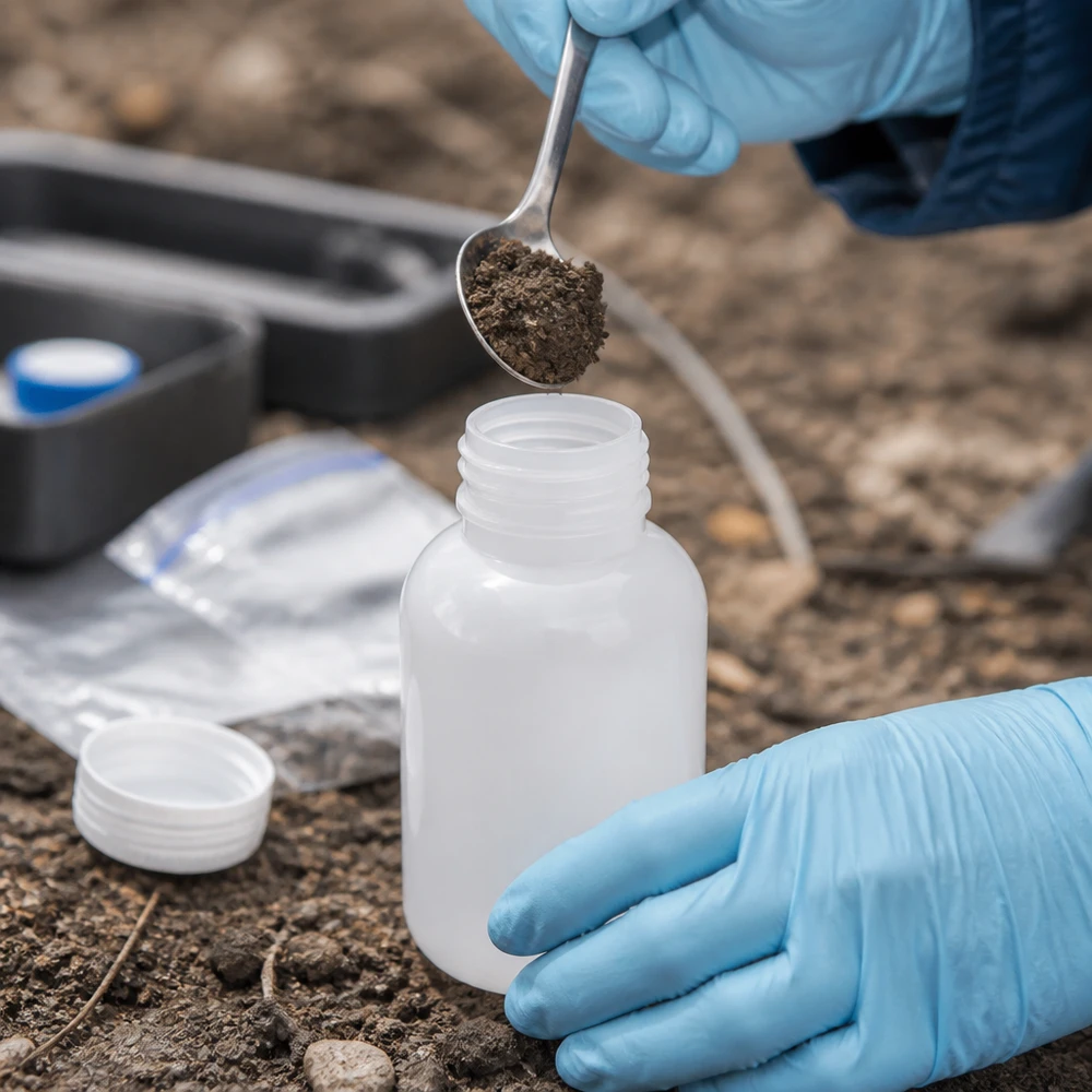Wijde hals laboratoriumfles 250ml zonder sluiting Milieumonster in een laboratoriumfles van 250 ml met brede hals, zonder deksel, inclusief bemonsteringsaccessoires