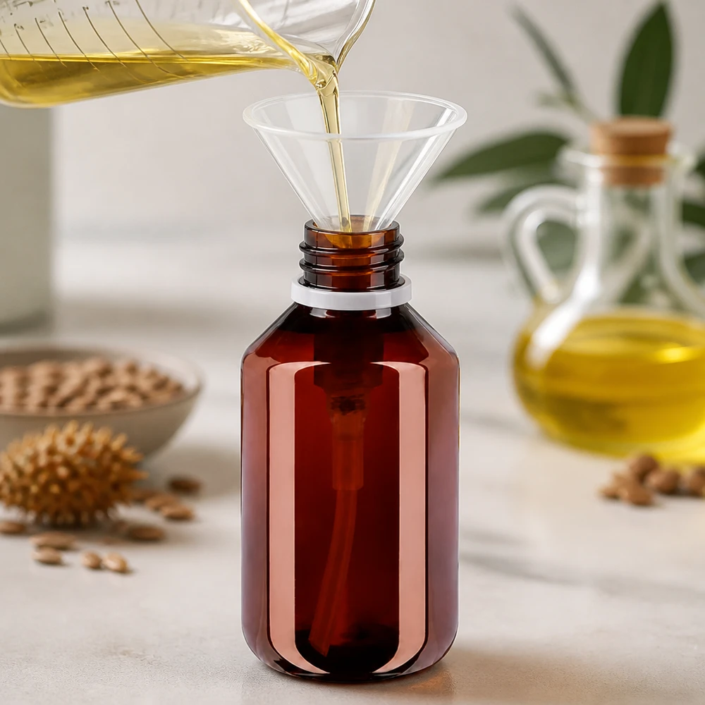 100 ml PET medicijnfles met wit dispenserpomp, standaard Nachfüllbare Flasche 100ml PET bernsteinfarben mit Trichter beim Abfüllen von Öl