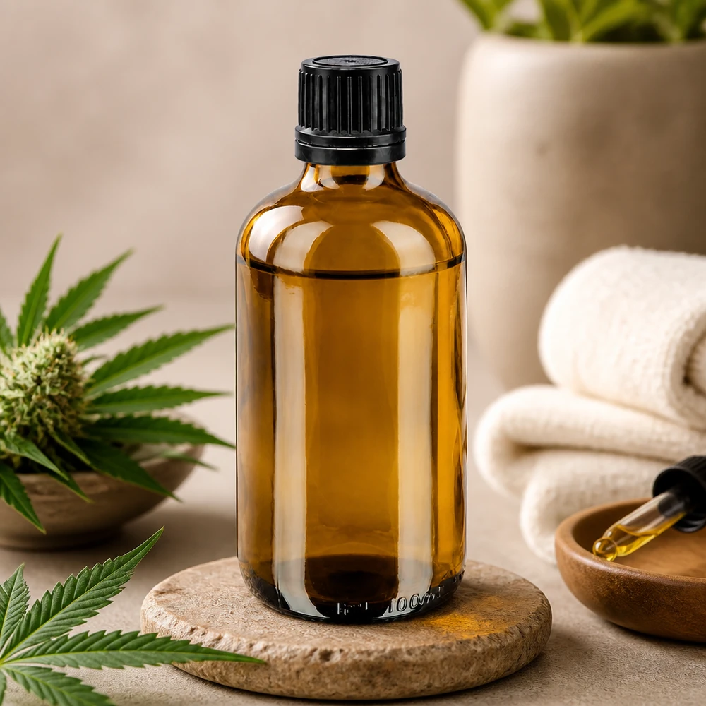 Bruine glazen fles van 100 ml met zwarte schroefdop in een natuurlijke wellness-sfeer
