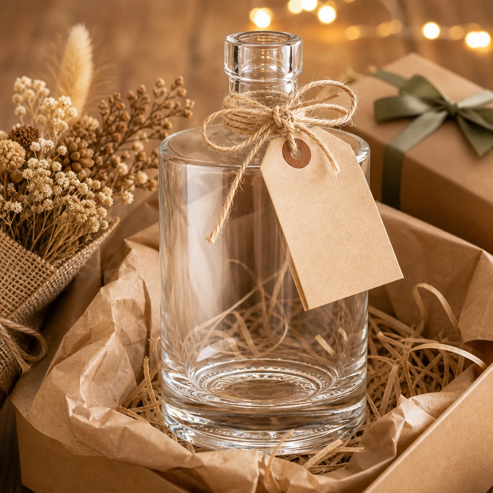 500 ml glazen fles Marie zonder sluiting UNiTWIST® 500 ml glazen fles Marie als cadeau met kraftpapier label en jute koord in rustieke verpakking