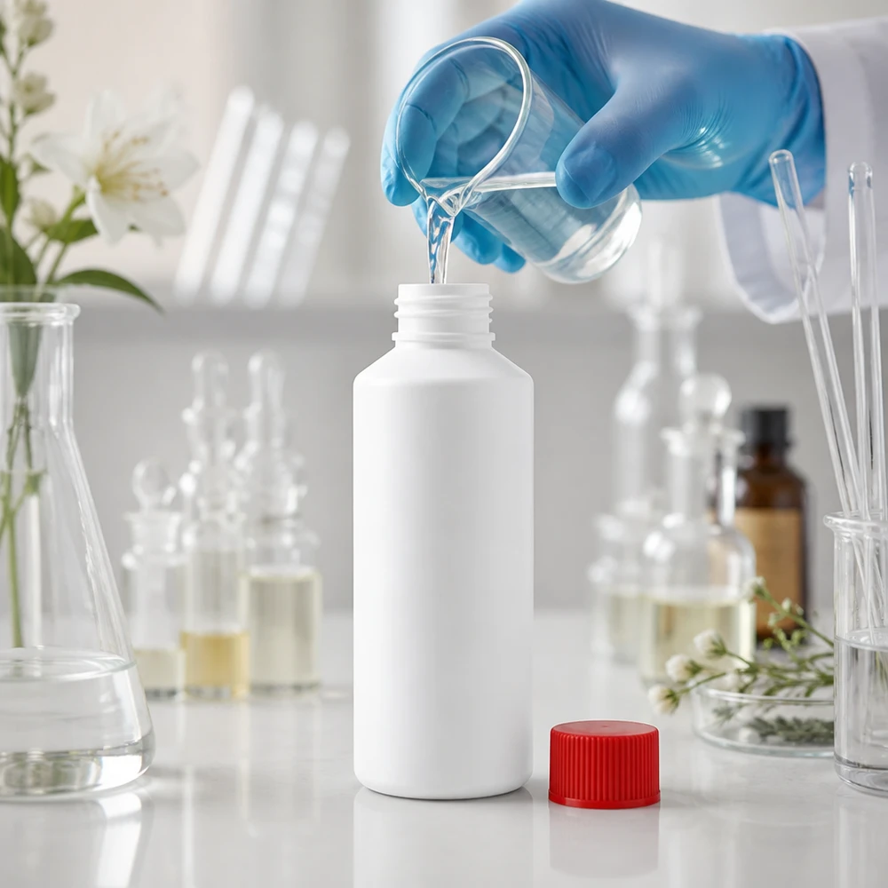 PET cilinderfles 100ml wit met schroefsluiting rood Vulproces van een vloeibare stof in een witte HDPE-fles van 100 ml met rode SV-laboratoriumomgeving