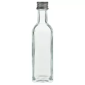 60 ml likeurfles hoekig helder glas incl. aluminium schroefsluiting zilver (PP 18 mm)
