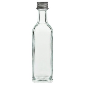 60 ml likeurfles hoekig helder glas incl. aluminium schroefsluiting zilver (PP 18 mm)