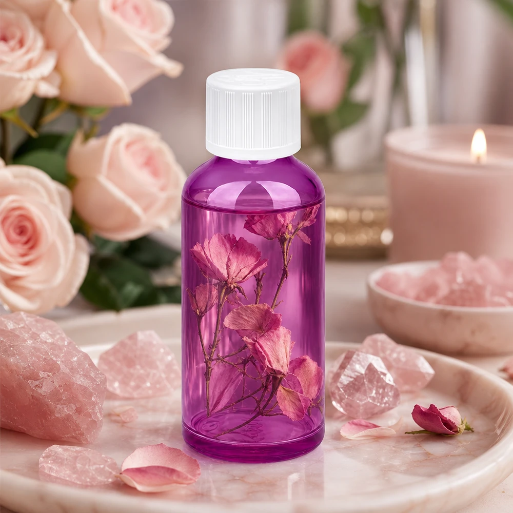 Paarse 50ml druppelflacon met kindveilige kantel- en draaidop voor veiligheid