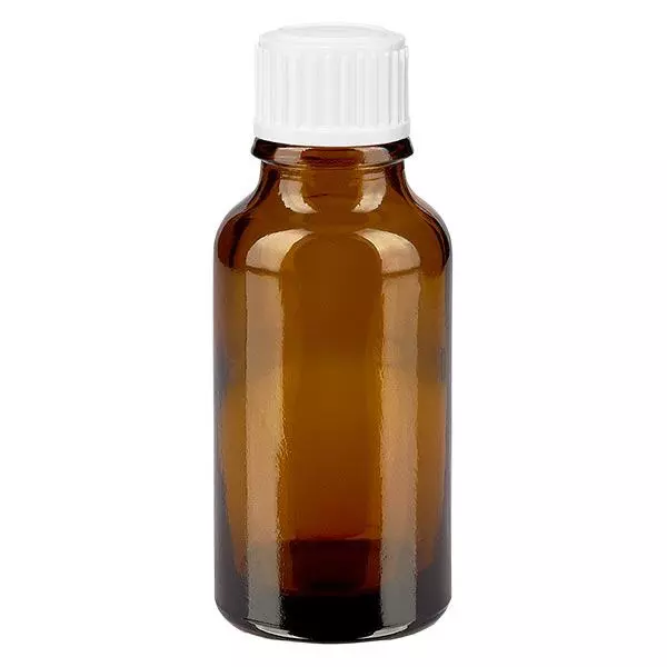 Bruine glazen fles 20ml met wit schroefsluiting globuli uitgietring St Bruine glazen fles 20ml met wit schroefsluiting globuli uitgietring St