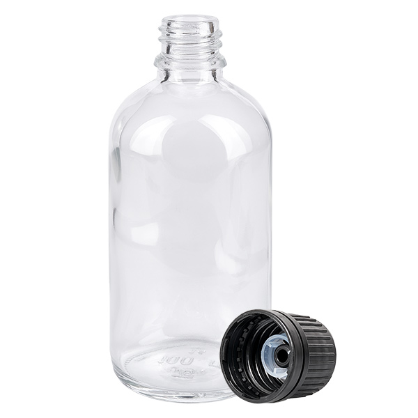100ml (Globul)Flas. 8mm GR s. STD ClearL. UT18/100 Lege apothekersfles van 100 ml van helder glas met een schroefdraad van 18 mm en een zwarte druppeldop