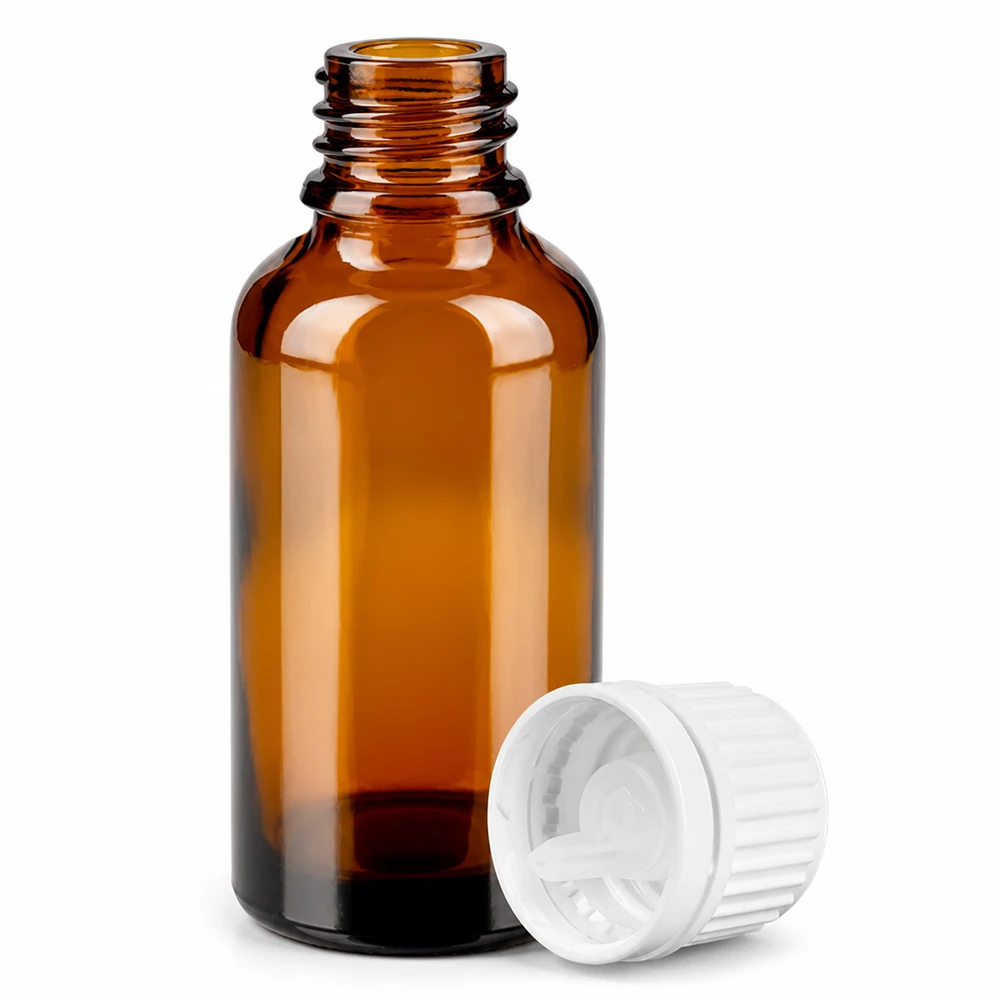30ml Druppelflesje 0.7mm wit OV BrownLine UT18/30 Nauwkeurige druppelaaropening van 0,7 mm in amberkleurige glazen fles van 30 ml voor gecontroleerde vloeistofdosering