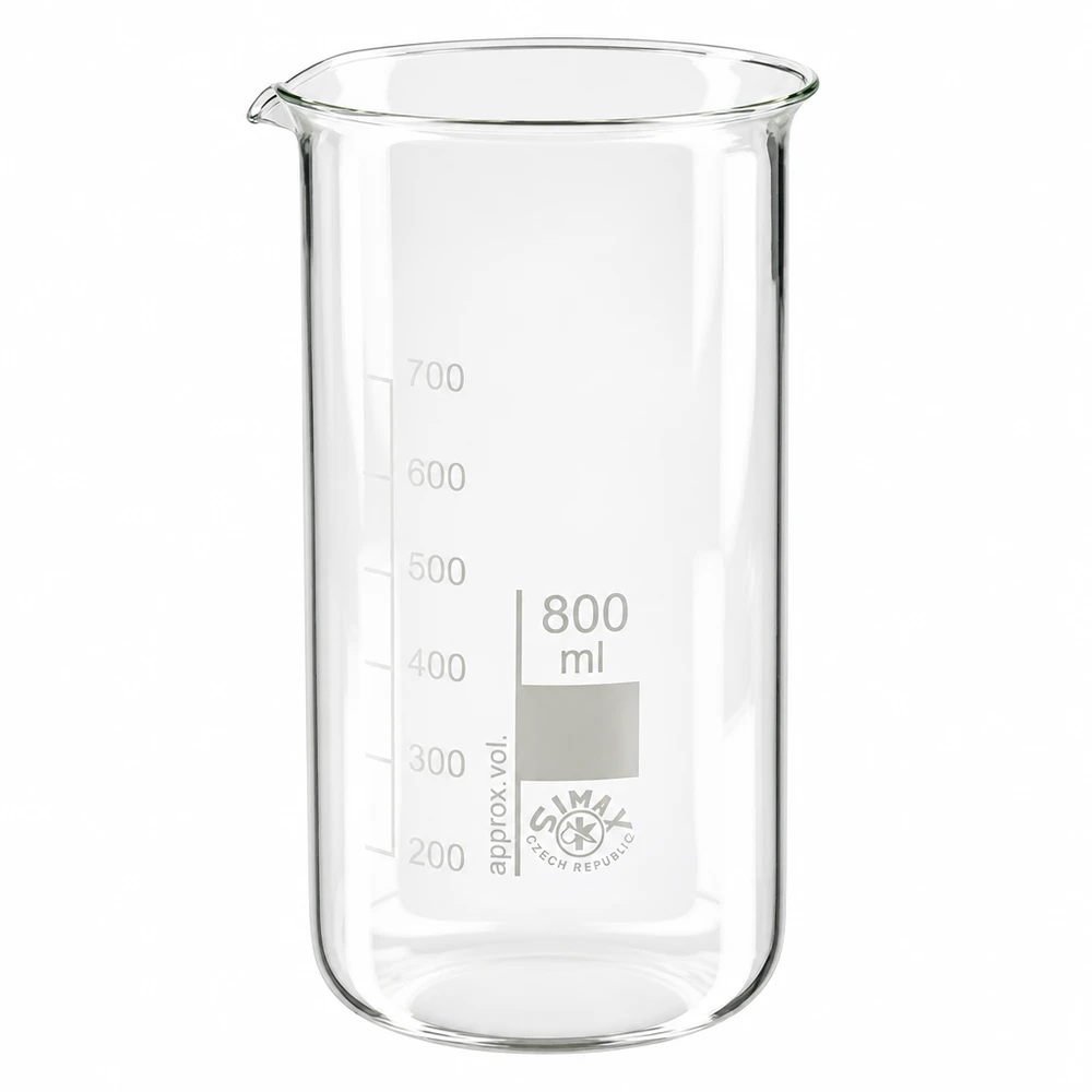 SIMAX-beker van 800 ml, hoog model, van hittebestendig borosilicaatglas, met schenktuit en maatverdeling