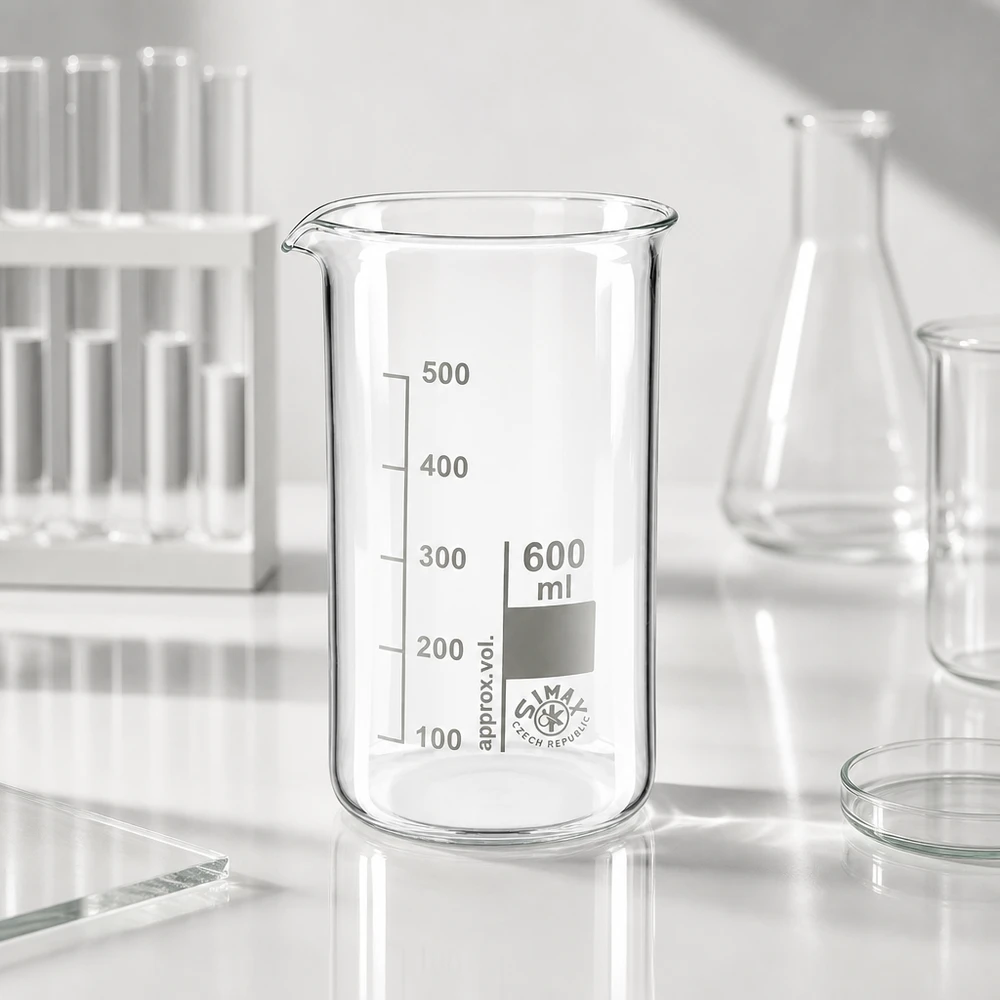 Hoog, cilindrisch laboratoriumglaswerk van 600 ml, borosilicaatglas, met volumeschaal en tuit