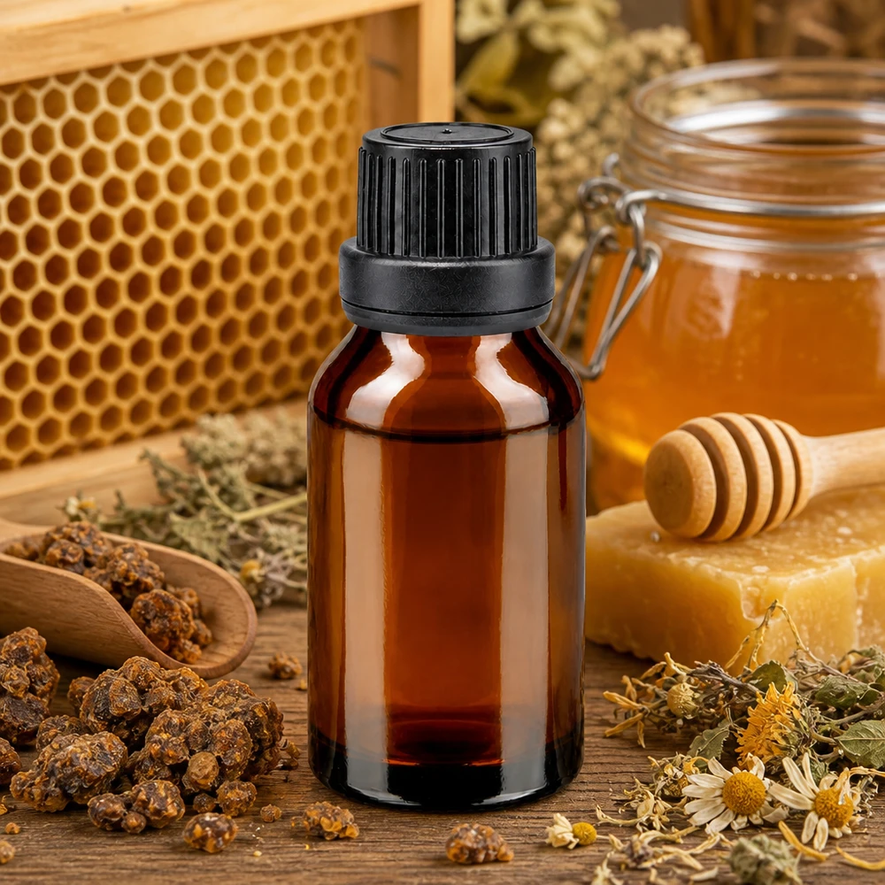 Bruine glazen fles 15ml met zwart druppelsluiting 2mm VR Compacte bruine glazen fles van 15 ml met kindveilige sluiting, ideaal voor propolis-tincturen