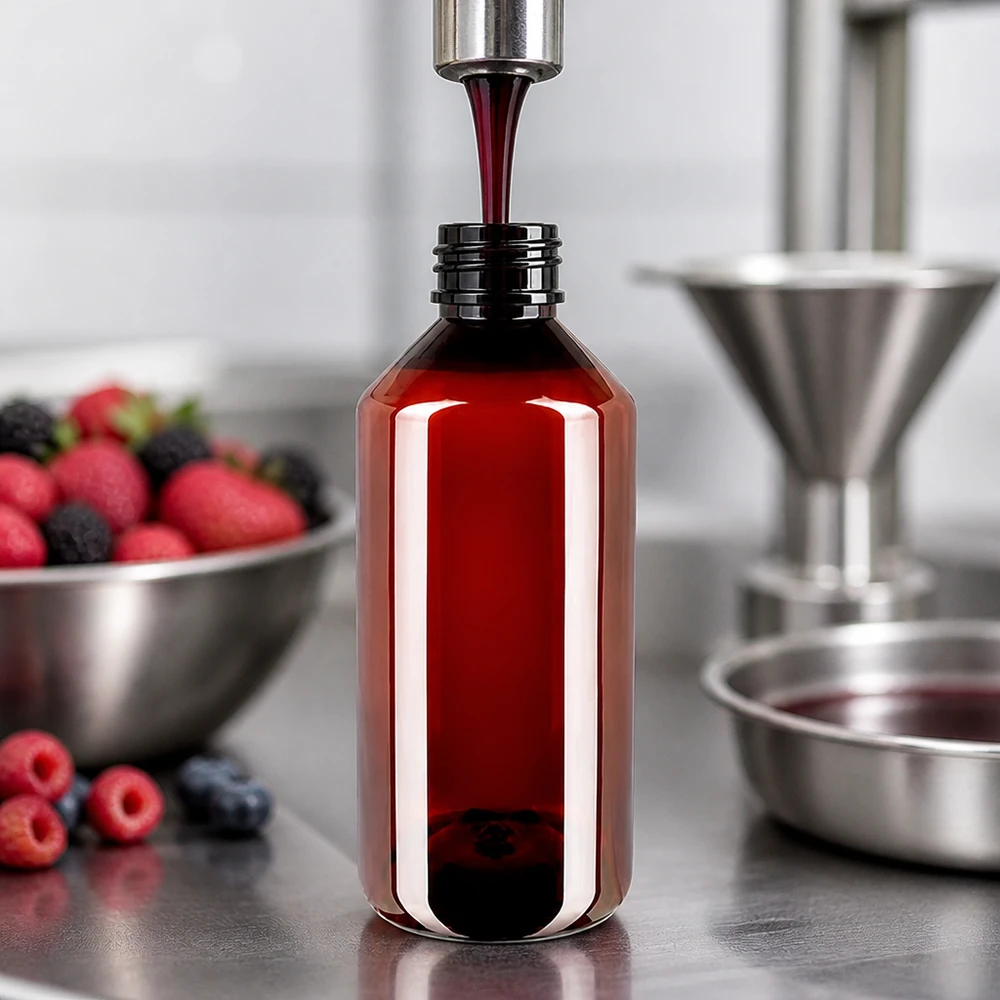 PET-fles 750 ml met zwarte spuitdop OV PET-fles van 750 ml met OV-spuitdop, geschikt voor siroop, sap en fruitconcentraten
