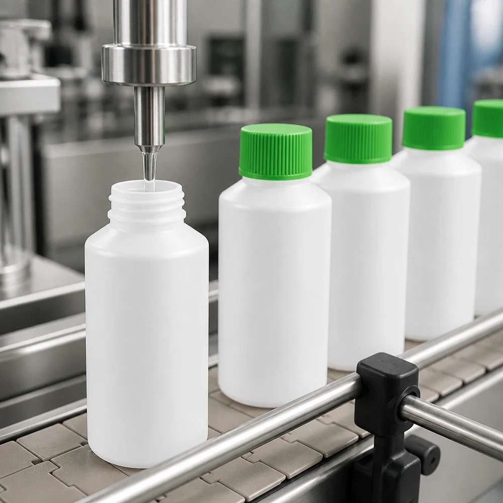 Witte HDPE-kunststof fles van 50 ml, machinaal gevuld, voorzien van een groene schroefdop