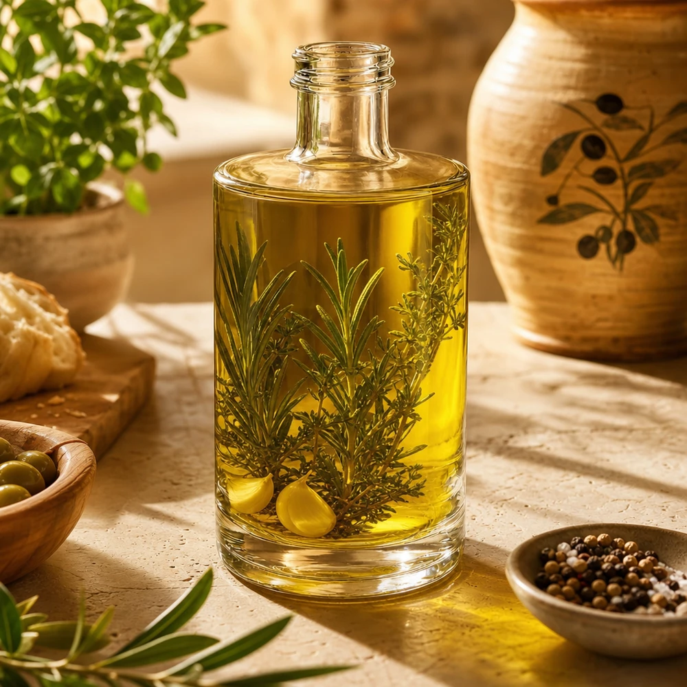 375 ml glazen fles Sam gevuld met kruidenolie decoratief gerangschikt met olijven en mediterrane kruiden