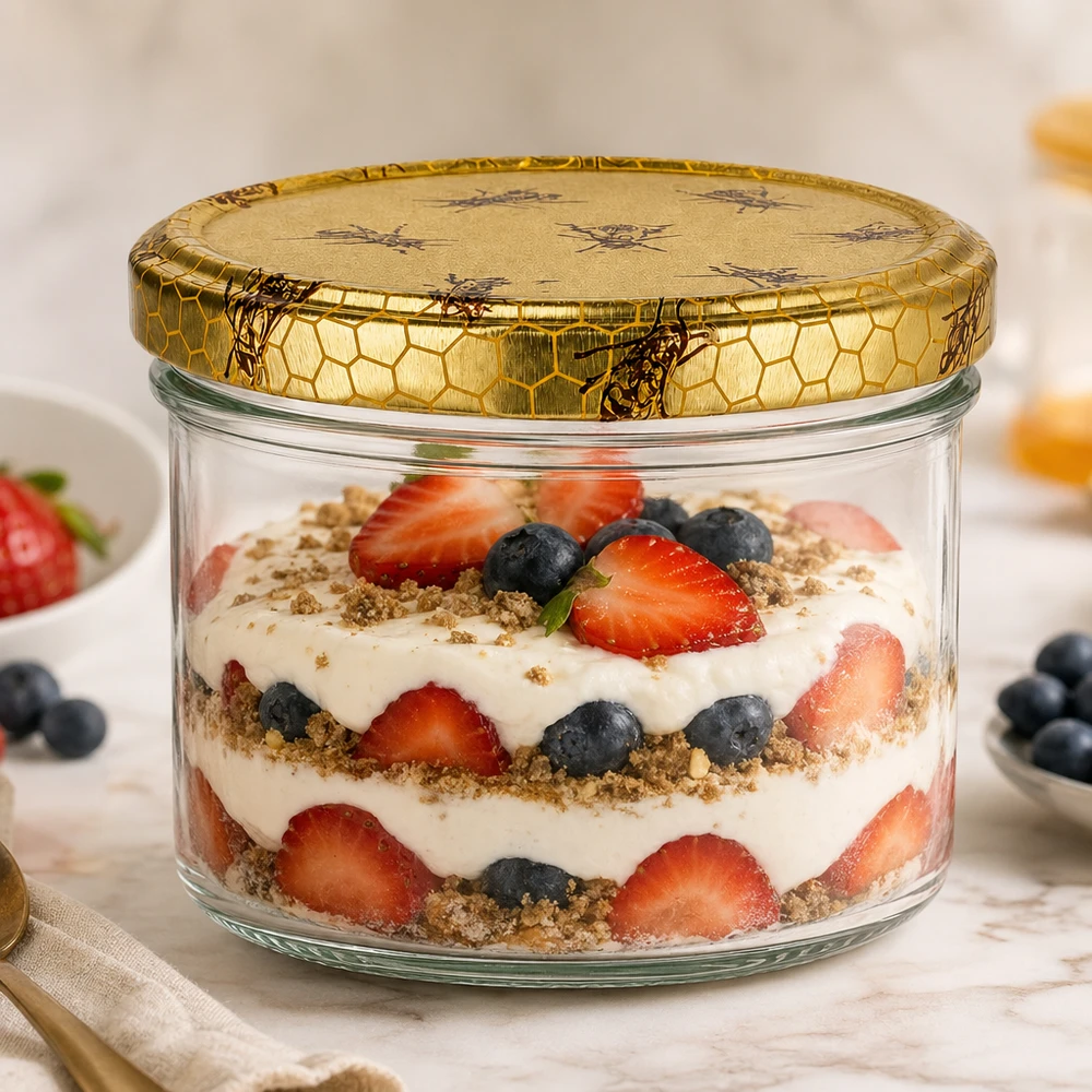 Honingpot 300 g met deksel met honingraatmotief BasicSeal UNiTWIST 300g honingpot als voorraadpot voor desserts met bessen en yoghurt, veelzijdige glazen pot