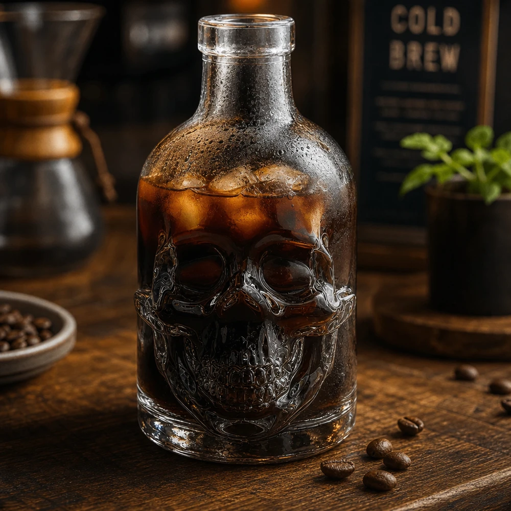 200ml glazen fles Jack skull relief gevuld met cold brew koffie Eiskubes Coffeeshop sfeer donker hout