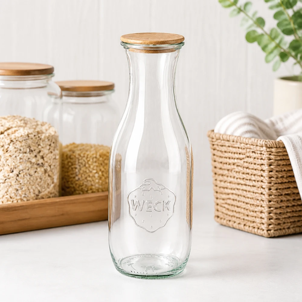 WECK sapfles 1062ml RR60 leeg met houten deksel op aanrecht naast mandjes en voorraadpotten met ontbijtgranen