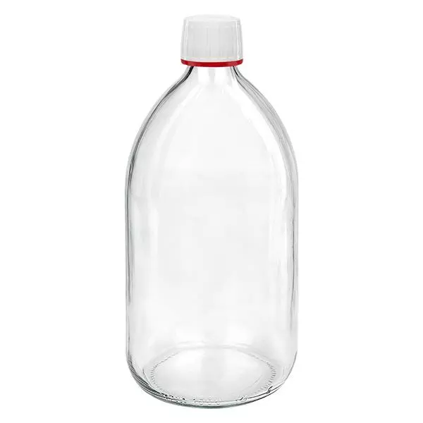 1000ml medicijnfles helder, dop wit met verzegelring rood ApoGlas. Farmaceutische kwaliteit uit EU-productie. 28mm (PP28) schroefdraad. (siroop, licht glazen fles) 1000ml medicijnfles helder, dop wit met verzegelring rood ApoGlas. Farmaceutische kwaliteit uit EU-productie. 28mm (PP28) schroefdraad. (siroop, licht glazen fles)