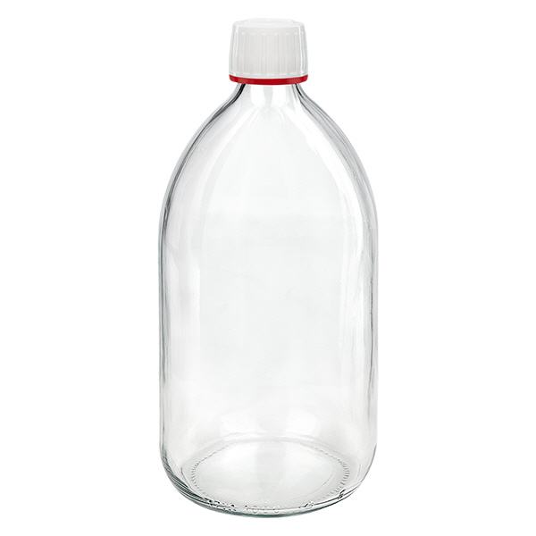 1000ml medicijnfles helder, dop wit met verzegelring rood ApoGlas. Farmaceutische kwaliteit uit EU-productie. 28mm (PP28) schroefdraad. (siroop, licht glazen fles) 1000ml medicijnfles helder, dop wit met verzegelring rood ApoGlas. Farmaceutische kwaliteit uit EU-productie. 28mm (PP28) schroefdraad. (siroop, licht glazen fles)