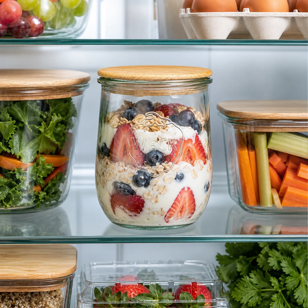 1062ml tulpenglas WECK RR100 met hout deksel WECK tulp pot RR100 1062ml met houten deksel in de koelkast gevuld met yoghurt bessen muesli als een gezonde maaltijd prep