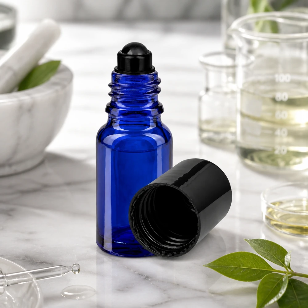 Kleine blauwe roll-on-fles van 10 ml, gemaakt van UV-bestendig glas, met een zwarte dop voor etherische oliën
