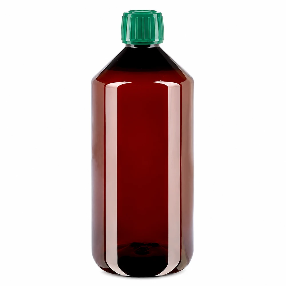 50 ml PET medicijnfles met verstuiver zwart GCMI 28/410 incl. dop transparant, standaard Voedselveilige PET-fles van 1 liter in bruin met groene verzegeling