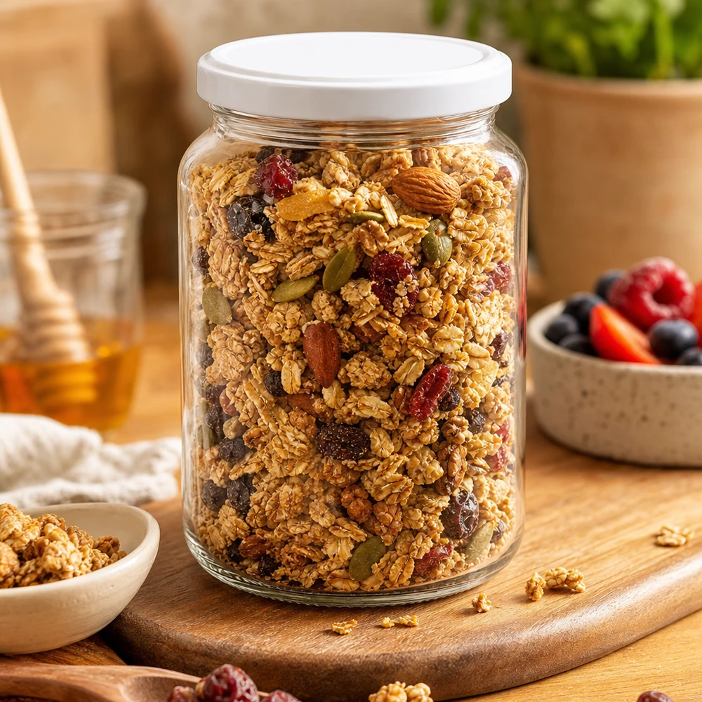 382ml rond glas met BasicSeal deksel wit UNiTWIST 382ml UNiTWIST ronde pot met wit BasicSeal deksel gevuld met muesli noten en gedroogd fruit als voorraadpot