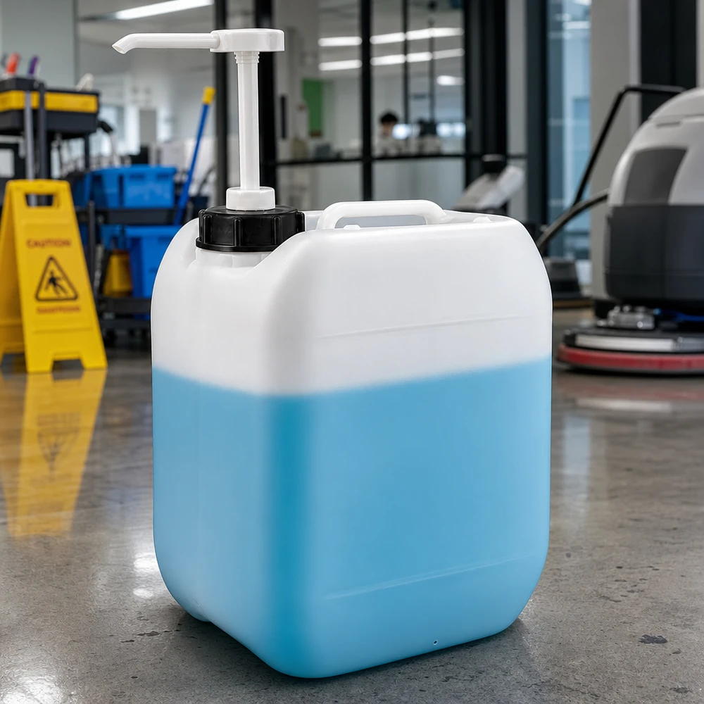 5L-voorraadjerrycan met doseerpomp voor reinigingsmiddelen in de facilitaire dienstverlening