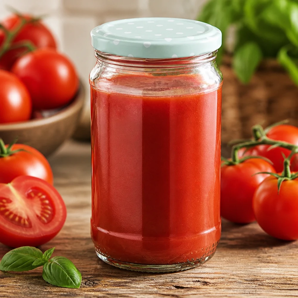 Zelfgemaakte tomatensaus in een rond UNiTWIST-glas van 370 ml met een mintgroene BasicSeal-deksel met stippen