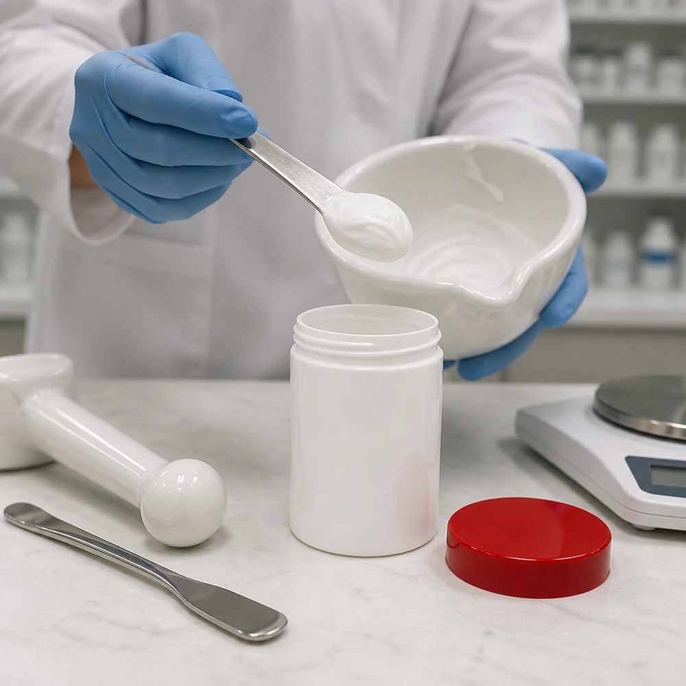 Productie van een op maat gemaakte samenstelling in een witte pot van 150 g met een rode PP-deksel in het cleanroomlaboratorium
