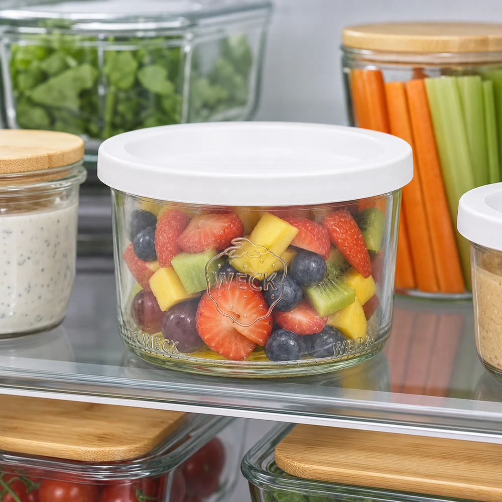 200ml stortglas met vershouddeksel WECK RR80 WECK bekers 200ml RR80 met fruitsalade bewaard in de koelkast voor maaltijdvoorbereiding en gezonde snacks