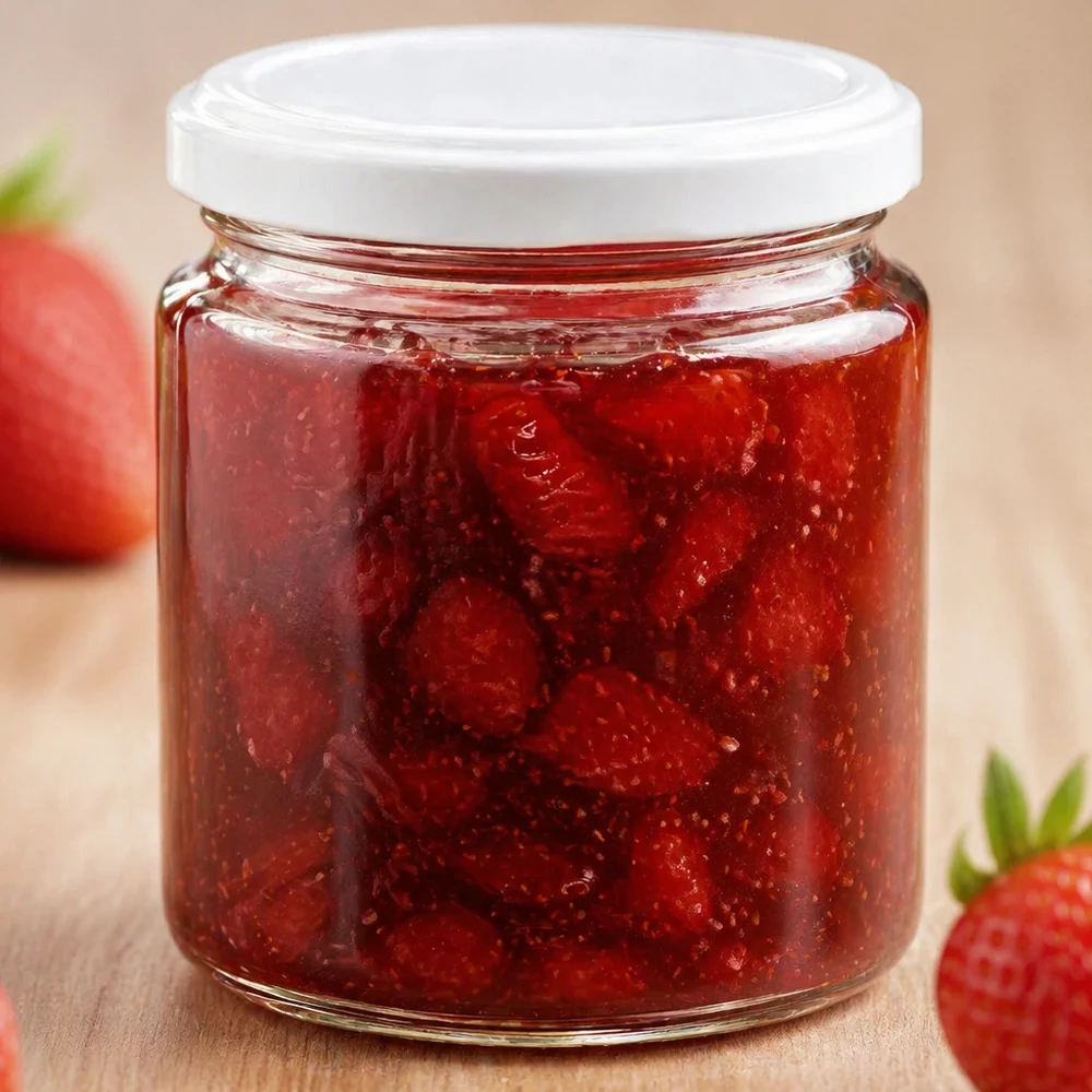 Honingpotje van 250 ml met wit UNiTWIST deksel gevuld met rode aardbeienjam naast verse aardbeien