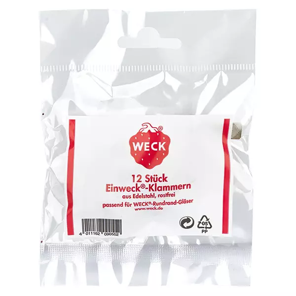 Weck Clips (verpakking(en) van 12) WECK inmaakklemmen 12 stuks roestvrij staal voor potten met ronde rand Originele productverpakking