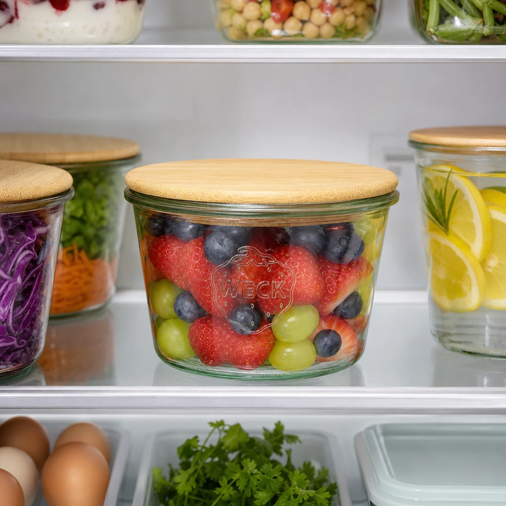 370ml stortglas WECK RR100 met hout deksel WECK RR100 bekers 370ml met bamboe deksel in de koelkast gevuld met vers fruit - aardbeien bosbessen druiven