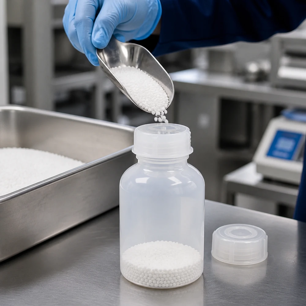Wijde hals laboratoriumfles 100ml met sluiting Laboratoriumfles van 100 ml HDPE met brede hals en kindveilige schroefdop, vervaardigd in een cleanroom