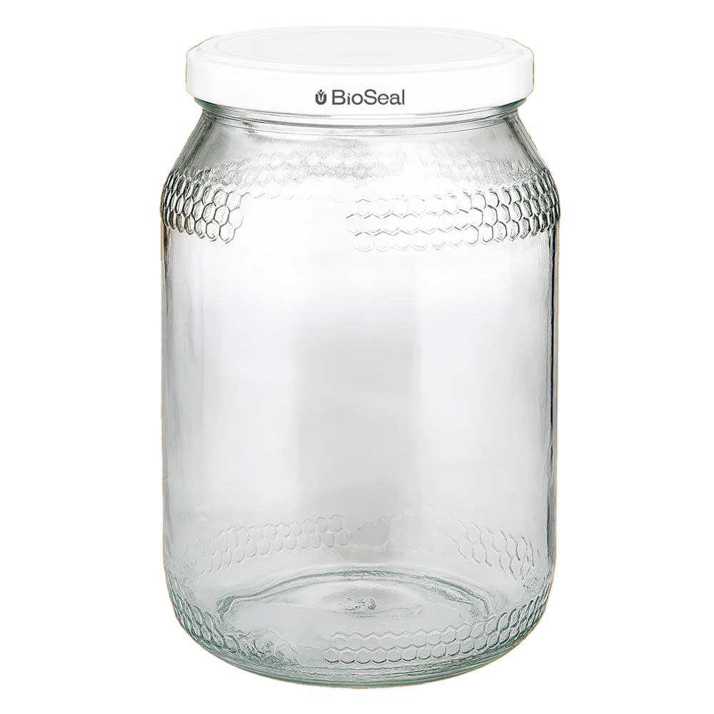 900ml honingpot met wit BioSeal deksel UNiTWIST lege glazen pot voor honing met honingraatmotief