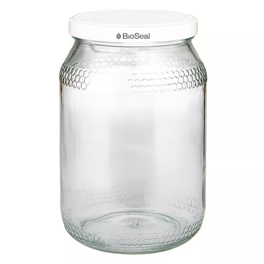 Honingpot 1260 g met witte BioSeal UNiTWIST-deksel 900ml honingpot met wit BioSeal deksel UNiTWIST lege glazen pot voor honing met honingraatmotief