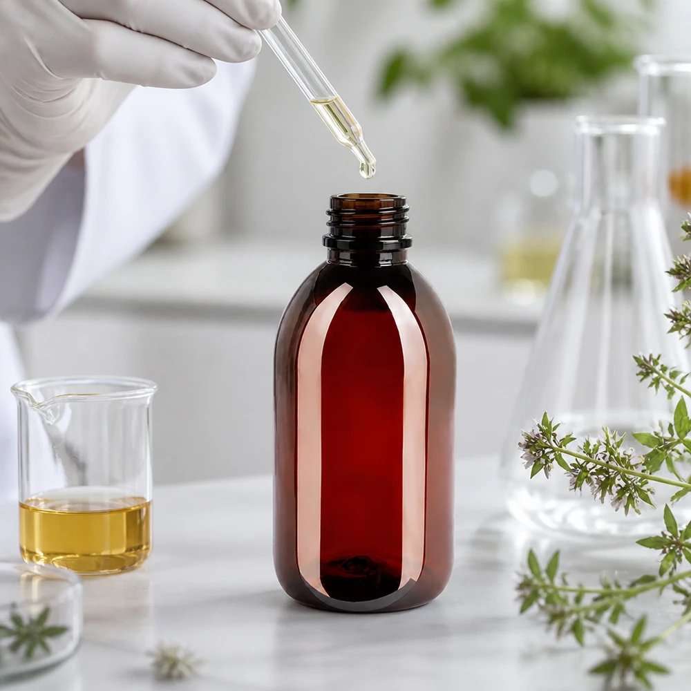 PET-fles 250 ml met zwarte spuitdop OV Robuste 250ml PET Flasche in Braunglas Optik für Kosmetik und Pharmabereich
