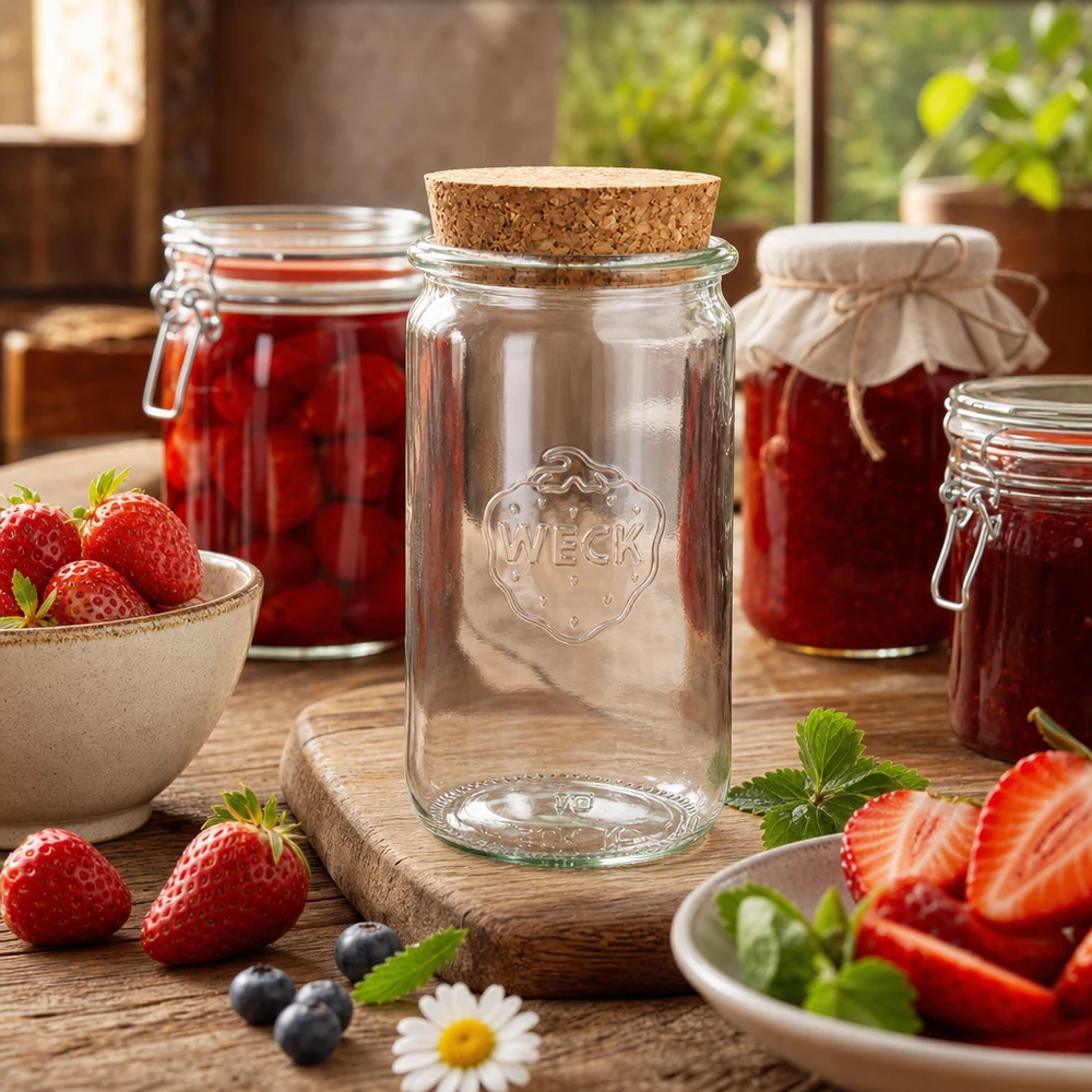 WECK 340ml cilinderpot RR60 met kurk naturel in keukensfeer gedecoreerd met verse aardbeien en inmaakpotten