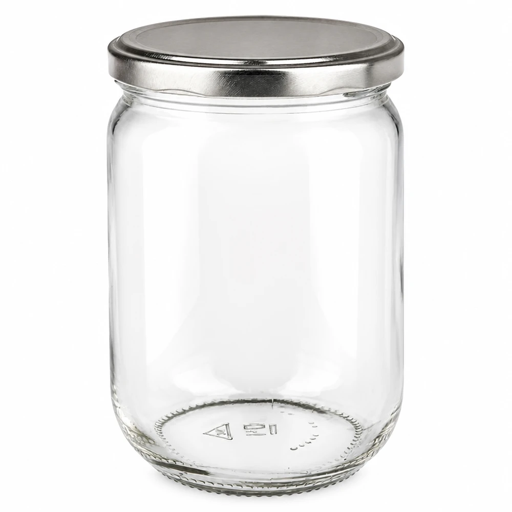 555 ml rond glazen pot + BasicSeal-deksel zilver UNiTWIST Doorzichtig voorraadglas van 555 ml met zilverkleurig BasicSeal-deksel, ideaal om in te maken