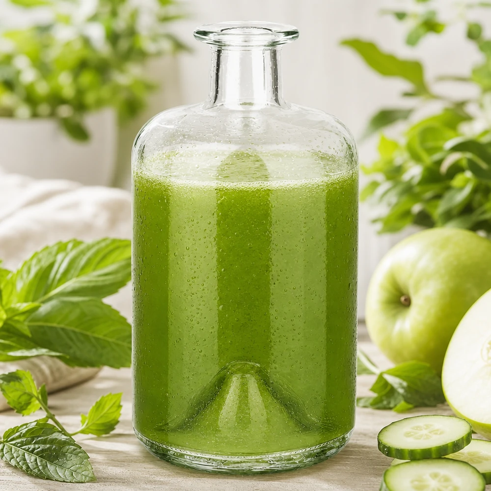 500ml glazen fles Sofia gevuld met groene smoothie komkommer appel munt detox drankje apothekersfles keuken
