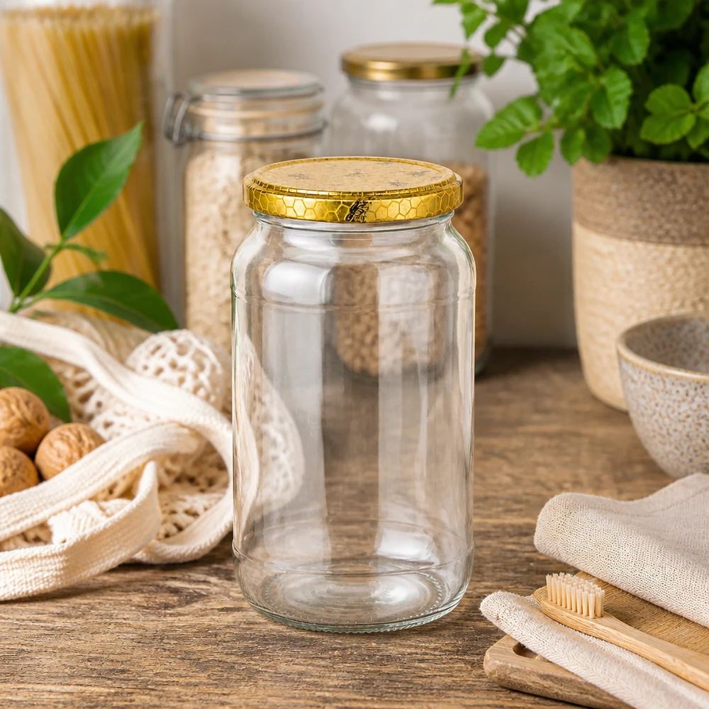 1062ml rond glas leeg op houten tafel met duurzaam keukengerei bamboe tandenborstels jute zak zero-waste lifestyle