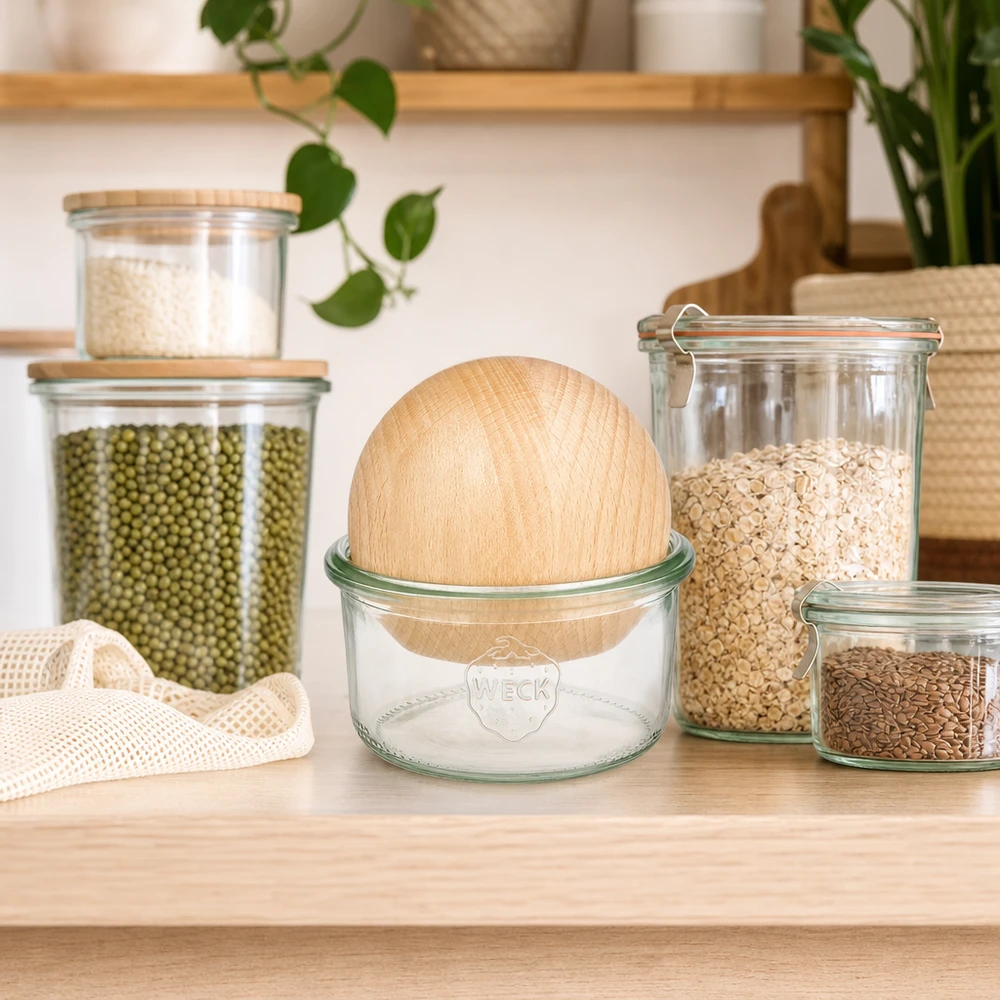WECK 165ml RR80 bekers met beukenhouten boldeksels in duurzame zero-waste keukens naast voorraadcontainers
