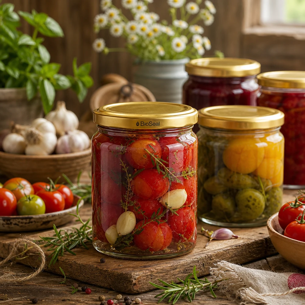 UNiTWIST Runda408 pot met TO82 BioSeal deksel voor het bewaren van tomaten en groenten in een rustieke keuken