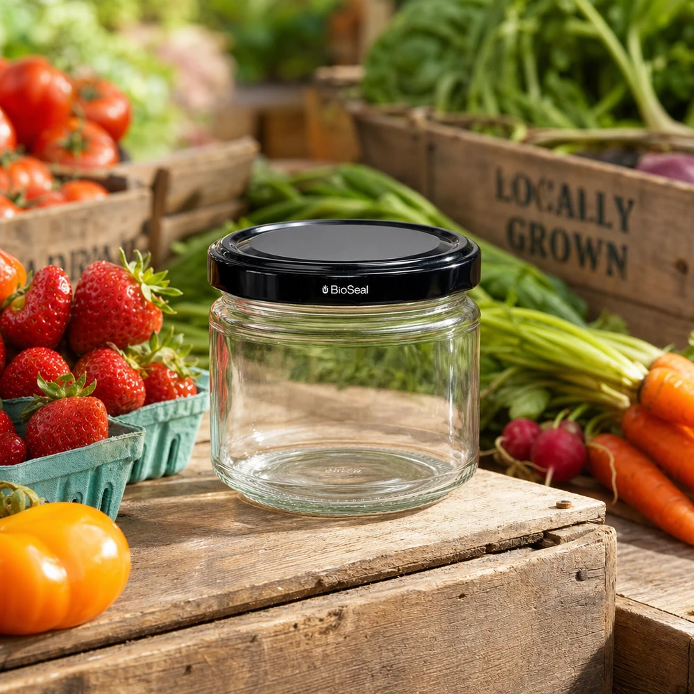 UniTWIST Runda330 glazen pot met TO82 deksel omringd door vers fruit en groenten in een houten kist