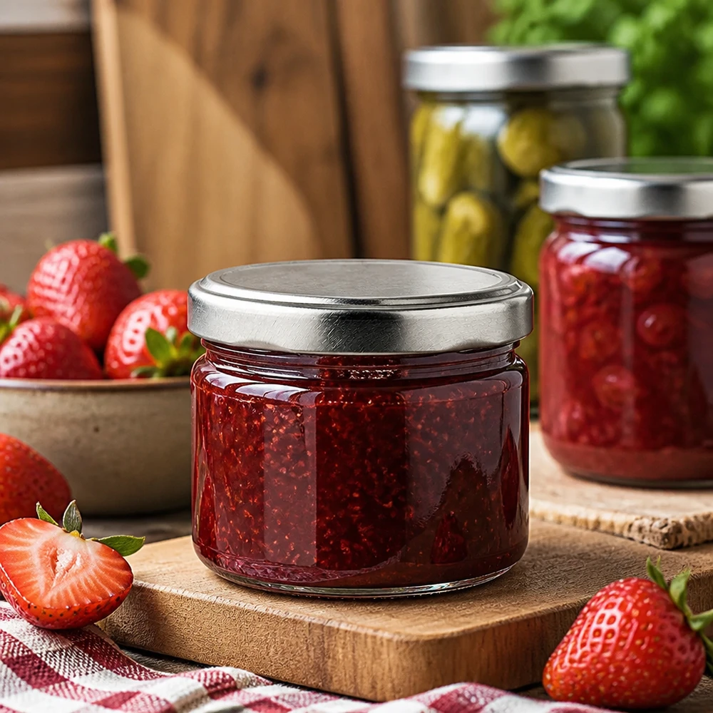 540 ml ronde pot met zilveren deksel voor jam en marmelade, inmaakpot met aardbeien op een houten tafel