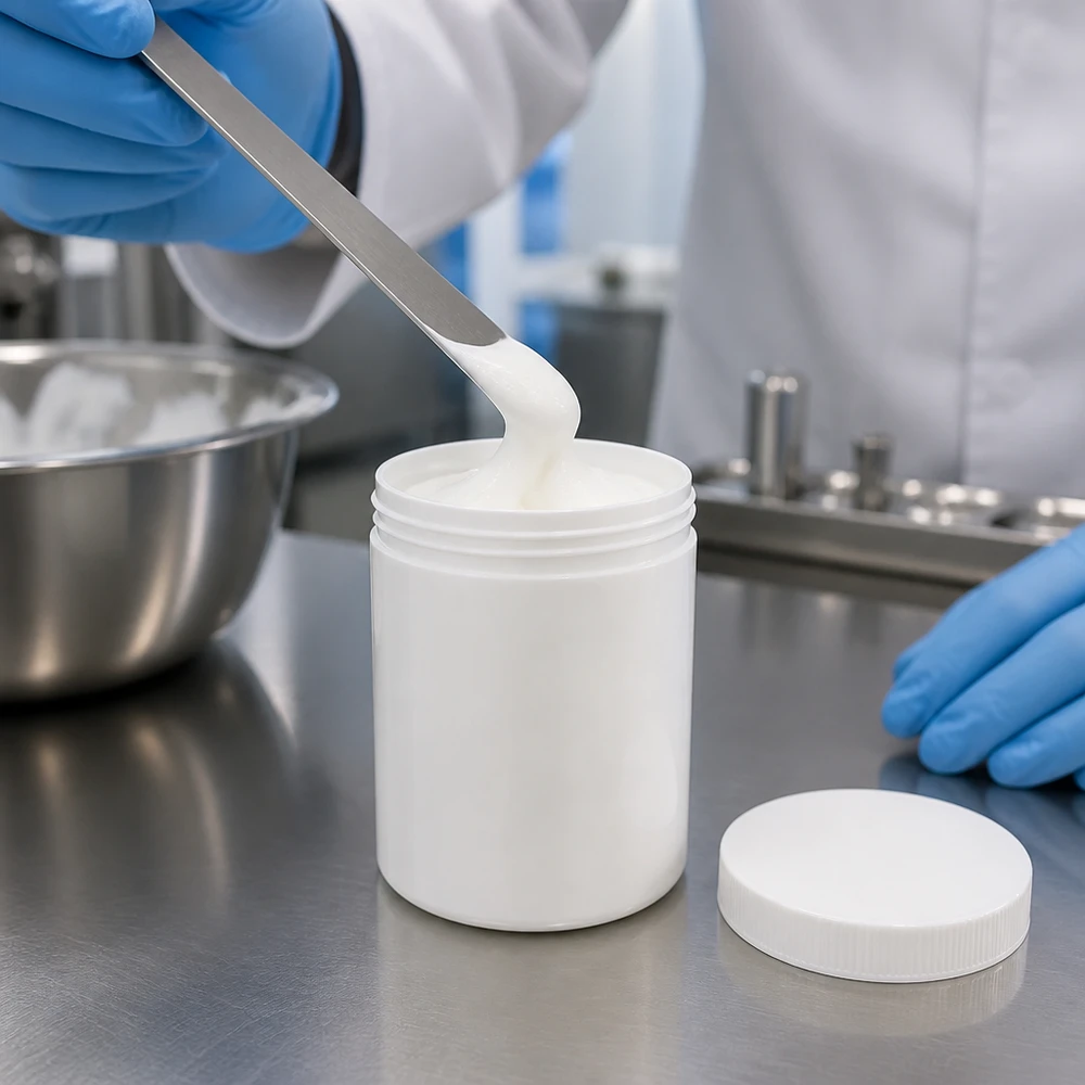 Apotheekpotje van 75 g, gemaakt van wit PP, met een brede opening om crèmes gemakkelijk in te vullen